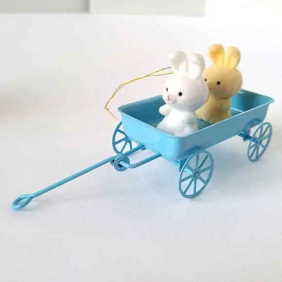 Vtg Flocked Easter Bunny Ornaments Miniature Metal Wagon Decor Kitsch Lot Of 7 - Picture 4 of 7